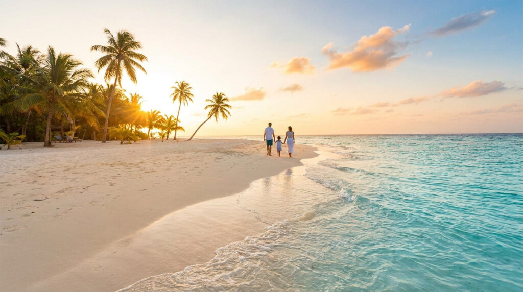 Une famille (deux adultes, un enfant) marche main dans la main sur une plage tropicale au coucher du soleil, bordée de palmiers et de l'océan turquoise.