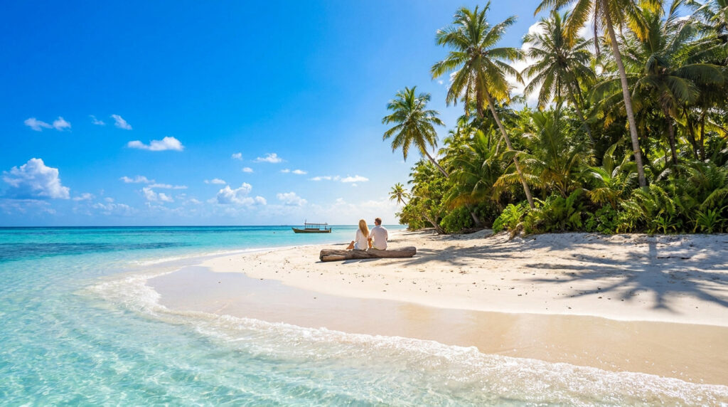 Un couple sur une plage tropicale paradisiaque, assis sur un tronc d'arbre, face à une mer turquoise et des palmiers luxuriants.