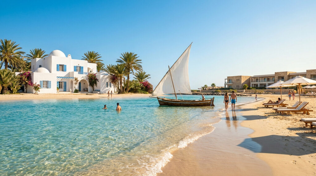 Vue panoramique d'une plage tunisienne ensoleillée avec bâtiments blancs, palmiers, eau turquoise, voilier traditionnel et touristes.