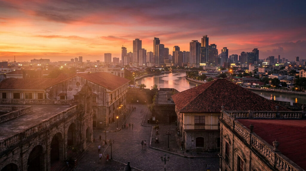 Vue aérienne de Manille au coucher du soleil, montrant des bâtiments historiques, une rivière et des gratte-ciel sous un ciel vibrant.