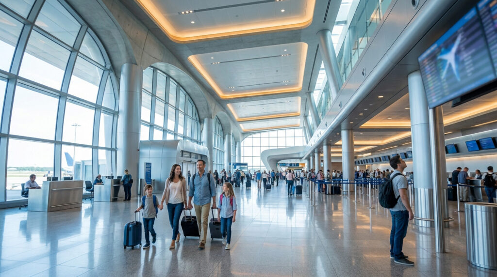 Un grand terminal d'aéroport avec de hauts plafonds et des baies vitrées. Des voyageurs, dont une famille, se déplacent avec leurs bagages.