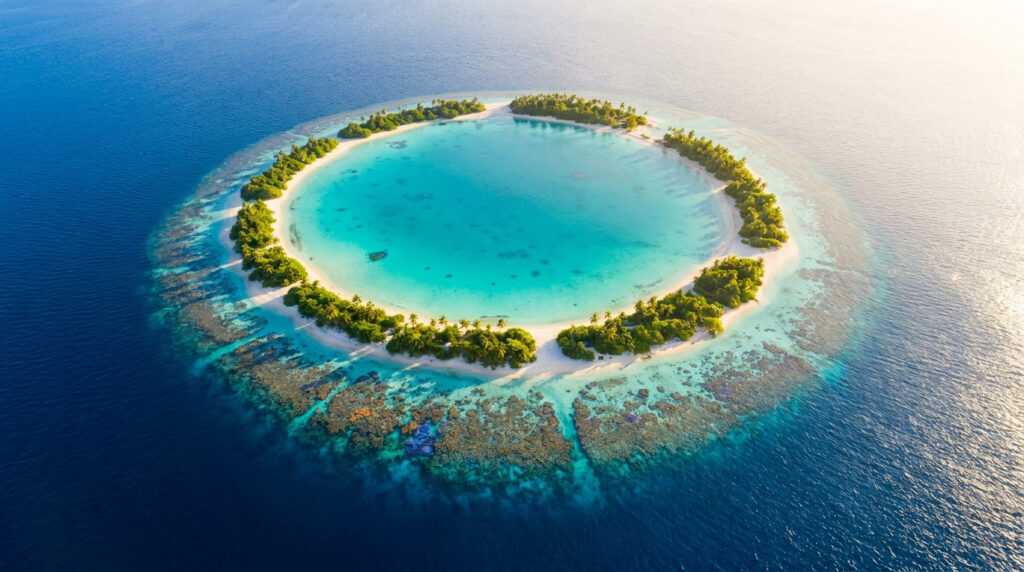 Vue aérienne d'un atoll corallien circulaire. Ilots de sable blanc, palmiers verts et lagon turquoise lumineux. Océan bleu profond.