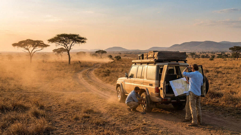 Deux hommes préparent un 4x4 sur une piste poussiéreuse au coucher du soleil dans une savane. L'un gonfle un pneu, l'autre consulte une carte.