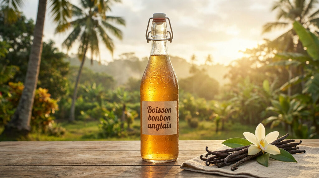 Bouteille de « Boisson bonbon anglais » perlante et gousses de vanille sur une table en bois, fond tropical ensoleillé.