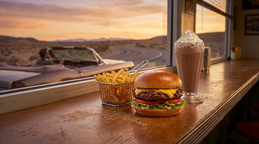 Un hamburger, des frites et un milkshake sur un comptoir de diner, avec un road trip désertique au coucher du soleil en arrière-plan.