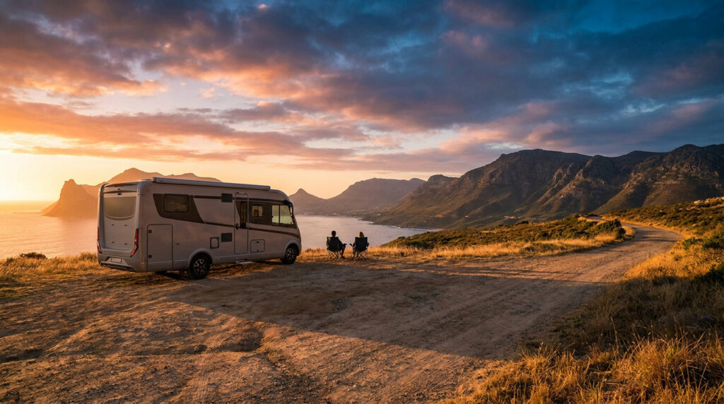Camping-car gris sur une piste de terre. Deux personnes contemplent un coucher de soleil spectaculaire sur l'océan et les montagnes.