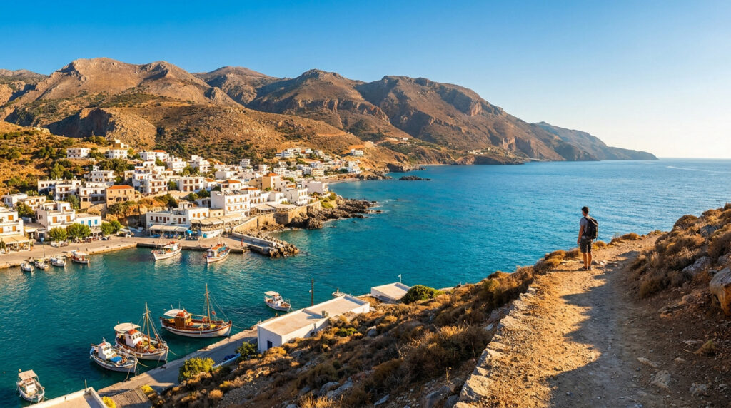 Village de Chora Sfakion en Crète. Maisons blanches, port avec bateaux, mer turquoise. Un randonneur contemple la vue.