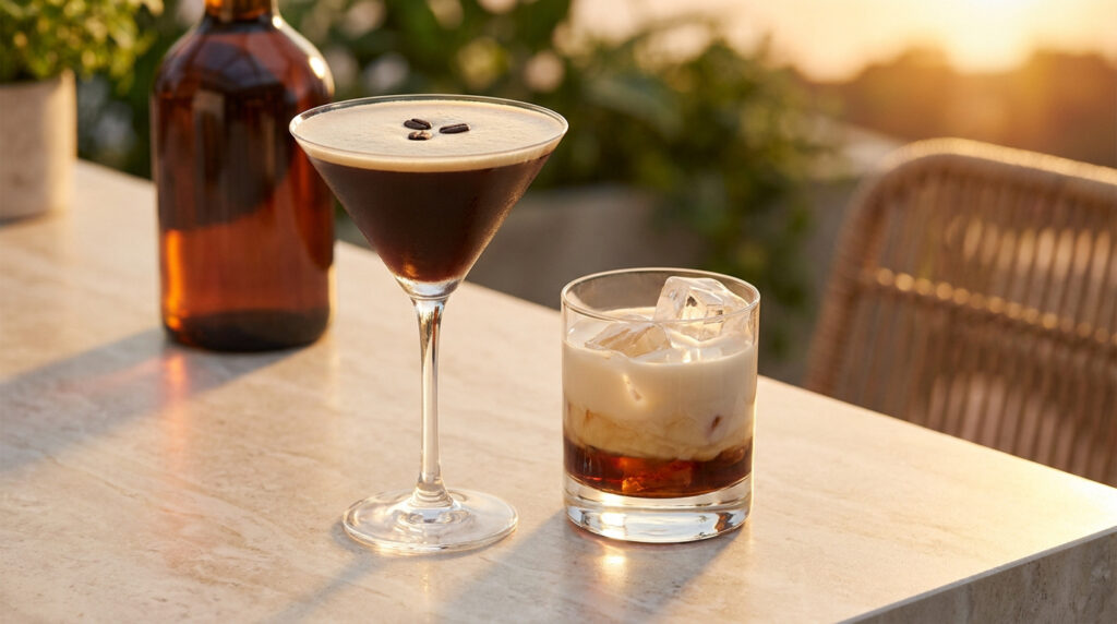 Deux cocktails Kahlúa, Espresso Martini et White Russian, sur une table claire, baignés par la lumière dorée du soleil couchant.