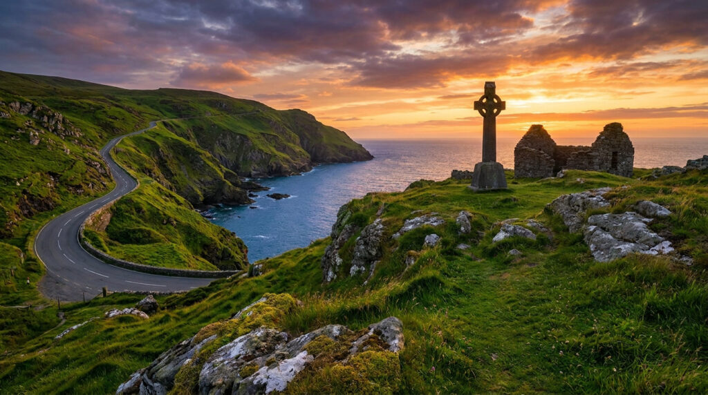 Paysage côtier de l'île de Man au coucher de soleil avec route sinueuse, falaises, mer, croix celtique et ruines antiques.
