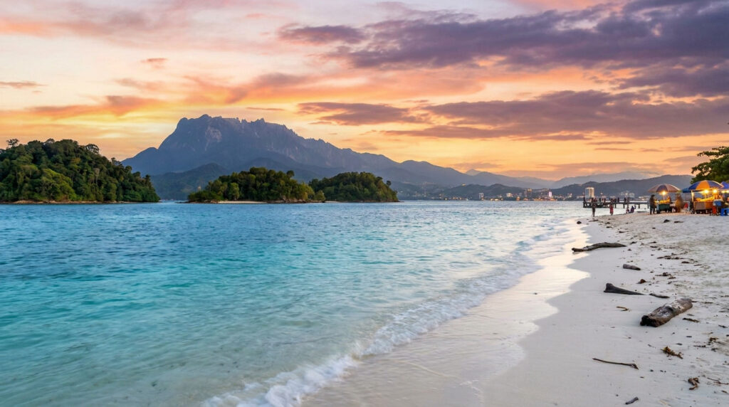 Plage de sable blanc avec des îles verdoyantes, l'eau turquoise et le Mont Kinabalu au loin, sous un coucher de soleil éclatant.