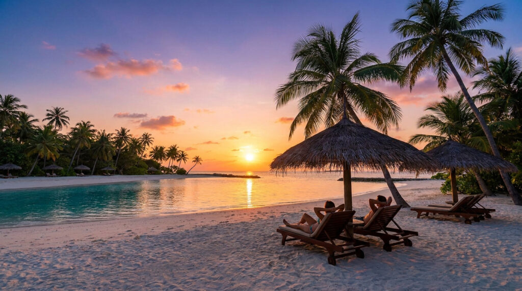 Coucher de soleil spectaculaire sur une plage tropicale. Deux personnes se prélassent sur des transats sous des palmiers et parasols de paille au bord d'une eau turquoise.