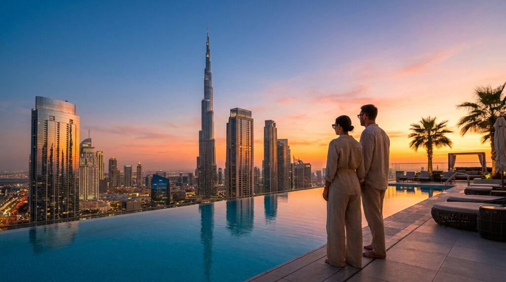 Couple admirant le coucher de soleil sur Dubaï depuis une piscine à débordement avec le Burj Khalifa en arrière-plan.