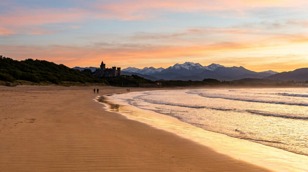 Plage de sable doré à Hendaye au coucher de soleil, avec le Château Abbadia et les sommets des Pyrénées. Quelques personnes se promènent.