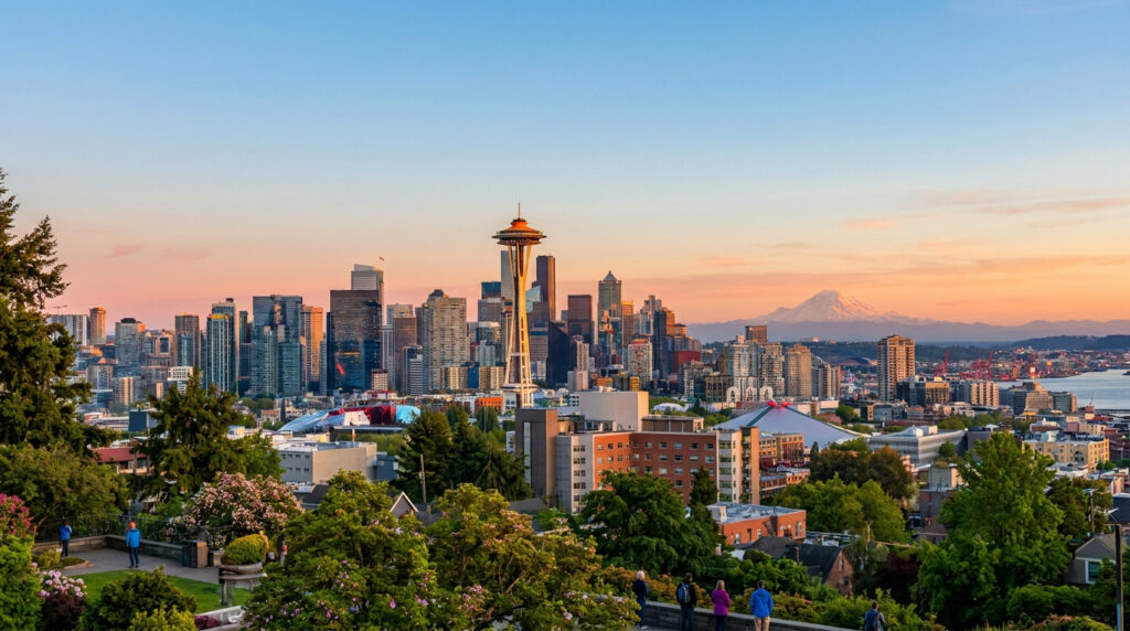 Skyline de Seattle au coucher du soleil avec la Space Needle, gratte-ciel, Mont Rainier enneigé et verdure au premier plan.