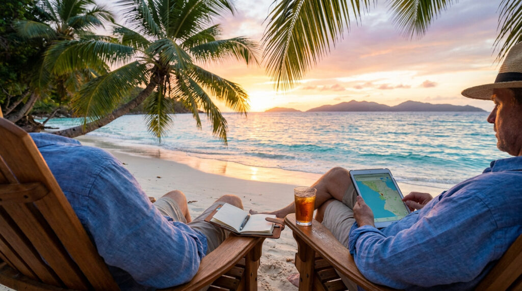 Deux personnes sur des chaises de plage face à un coucher de soleil tropical, l'un naviguant sur une tablette, l'autre avec un carnet.