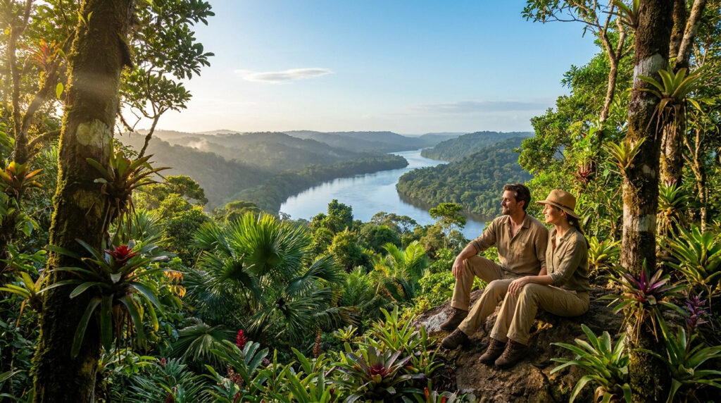 Couple assis sur un rocher, admirant une rivière serpentant au milieu d'une jungle luxuriante sous un ciel bleu clair, en Guyane.