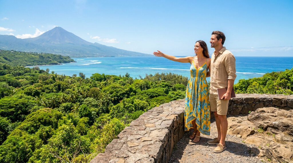 Un couple souriant contemple un paysage tropical à La Réunion, avec un volcan, l'océan turquoise et une forêt luxuriante.