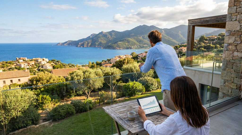Un couple sur une terrasse moderne, l'homme admire la mer et les montagnes de Corse, la femme consulte un tableau de bord financier sur tablette.