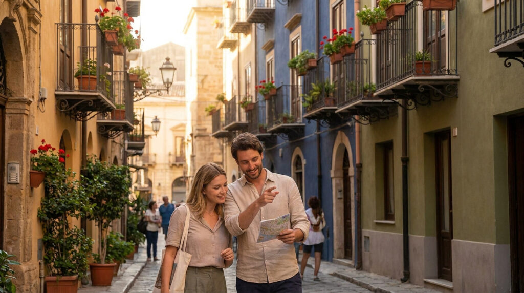 Un couple souriant consulte une carte dans une rue pavée animée de Sicile, bordée de bâtiments colorés aux balcons fleuris.