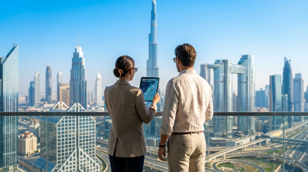 Deux personnes face à la skyline de Dubaï, la femme consulte un "PROJECT RELOCATION PLAN - DUBAI" sur tablette.