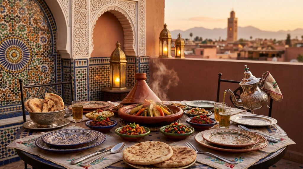 Table marocaine garnie d'un tagine fumant, thé à la menthe, et pains sur un toit de Marrakech au coucher du soleil, minaret visible.