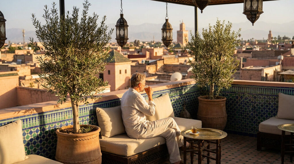 Homme relax sur une terrasse à Marrakech, sirotant du thé, avec des oliviers et vue sur la médina et minaret.