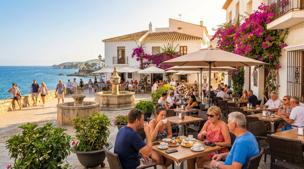 Terrasse de café animée d'un village côtier espagnol avec des gens déjeunant ou buvant, vue sur la mer et bougainvilliers.
