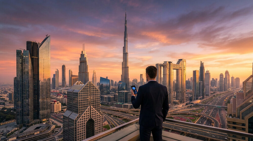 Vue aérienne de Dubaï au coucher du soleil, avec le Burj Khalifa. Un homme en costume regarde la ville depuis un balcon, tenant un téléphone.