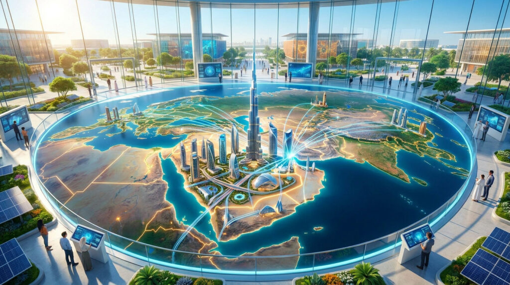 Une carte interactive géante de la Terre centrée sur Dubaï, avec des connexions lumineuses et des gratte-ciel futuristes. Des personnes observent l'exposition.