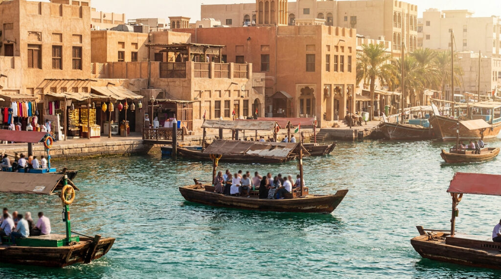 Vue panoramique de la Crique de Dubai à Deira avec des abras remplis de passagers, des bâtiments historiques et des souks animés.