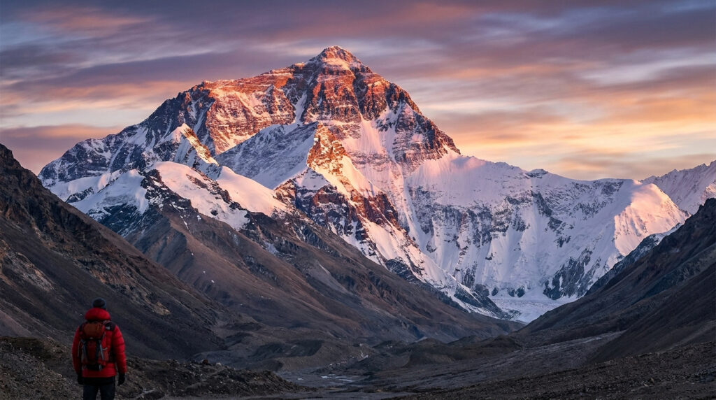 Un alpiniste en doudoune rouge fait face à l'Everest enneigé, illuminé par un lever de soleil rose et doré.