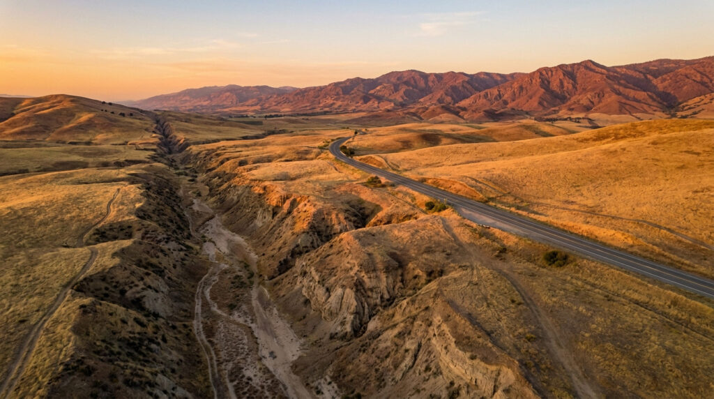 Vue aérienne d'une route et de la Faille de San Andreas serpentant à travers des collines arides de Californie au coucher du soleil.