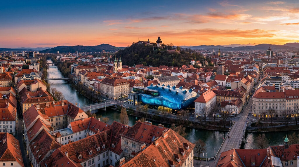 Panorama de la ville de Graz en Autriche au crépuscule, montrant ses toits rouges, le fleuve Mur et des bâtiments modernes et historiques.