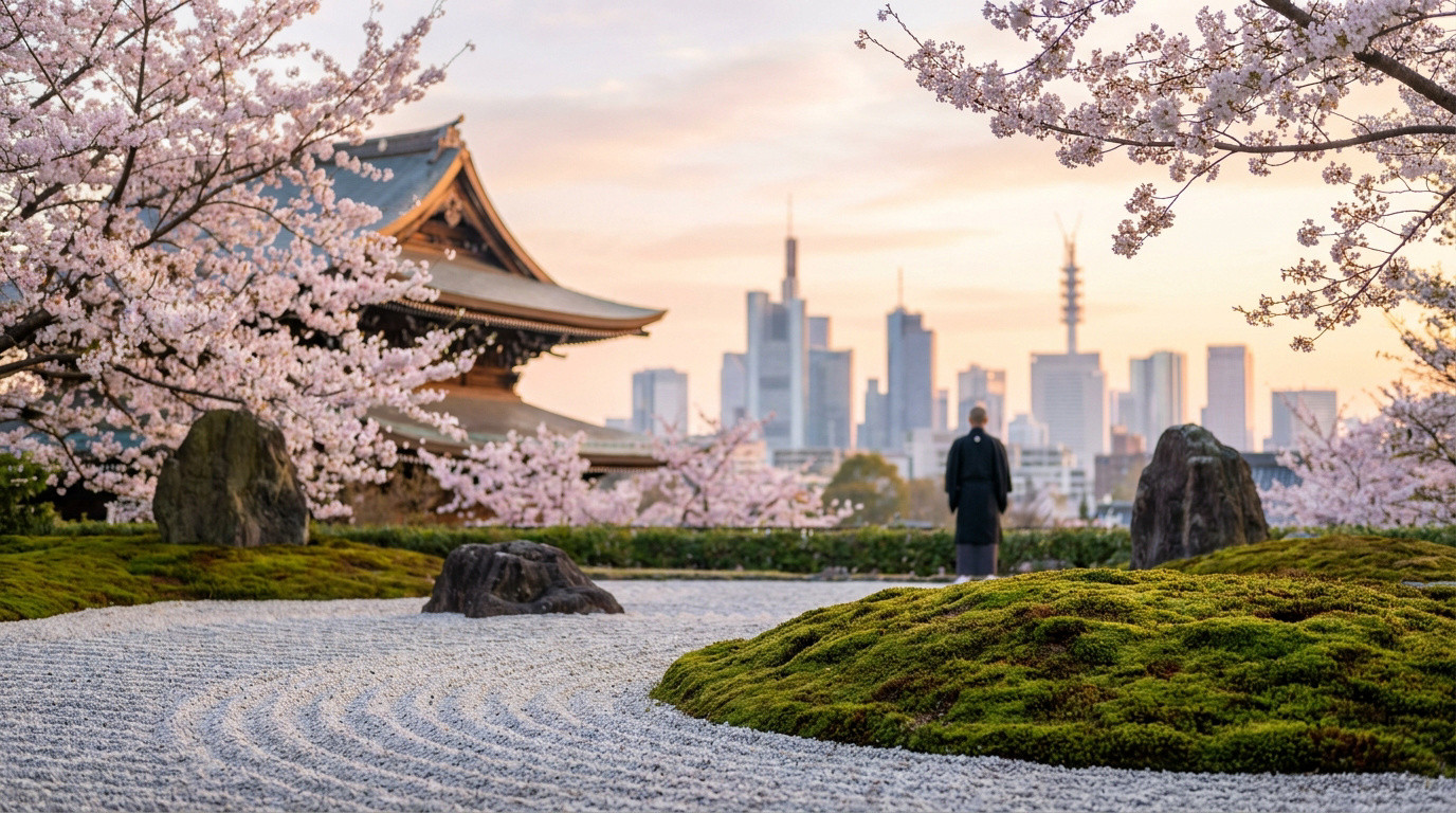 Jardin zen fleuri de cerisiers avec un temple traditionnel en bois et une skyline moderne. Une personne de dos observe le paysage.