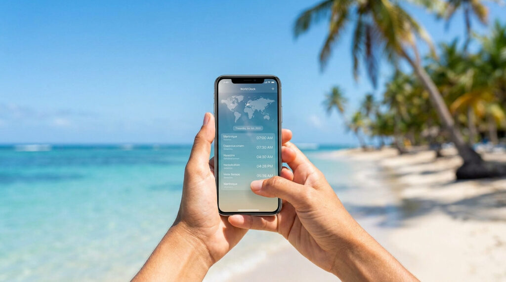 Deux mains tiennent un smartphone affichant l'horloge mondiale avec l'heure de la Martinique sur une plage tropicale.