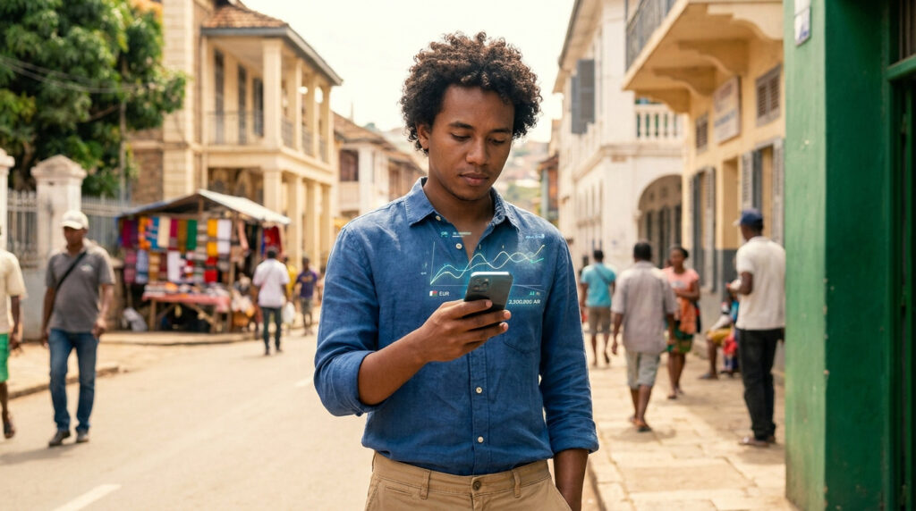 Un jeune homme malgache consulte son smartphone avec des graphiques financiers en réalité augmentée, dans une rue animée de Madagascar.