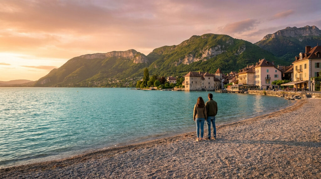 Couple admirant le lac d'Annecy au coucher du soleil, avec montagnes verdoyantes et bâtiments historiques en arrière-plan.
