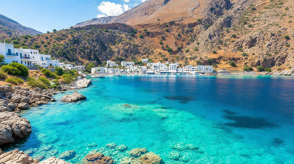 Vue panoramique de Chora Sfakion en Crète, avec des maisons blanches le long d'une baie aux eaux turquoise et des montagnes arides.