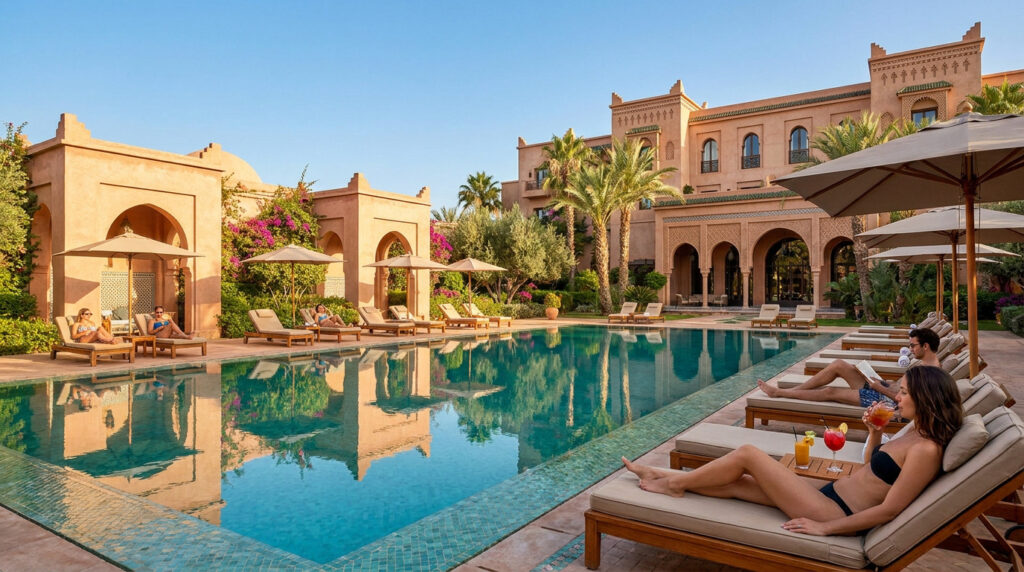 Une piscine d'hôtel bordée de transats avec des vacanciers se relaxant sous le soleil marocain, bâtiments ocre et palmiers.