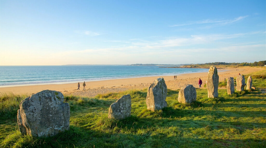 Alignements de menhirs près d'une plage de sable fin en Bretagne, avec la mer et des promeneurs sous un ciel bleu.