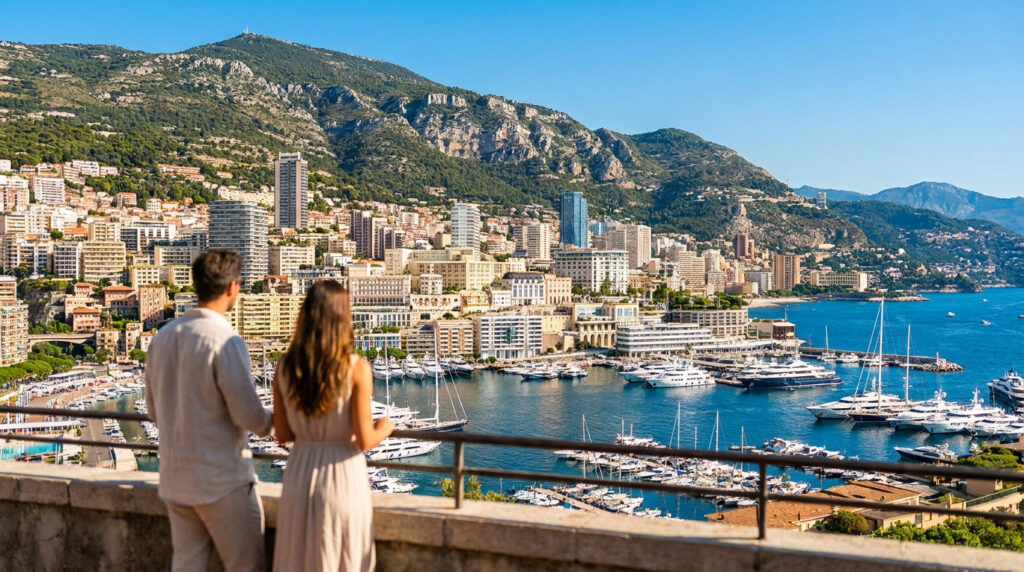 Couple de dos admirant Monaco depuis un belvédère : port avec yachts, gratte-ciel et montagnes sous un ciel clair.
