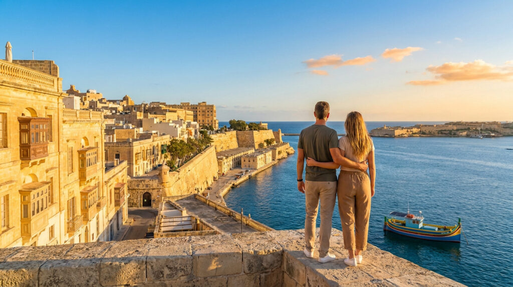 Un couple debout admire la vue sur le port de La Valette et ses bâtiments historiques sous un ciel clair au coucher du soleil.