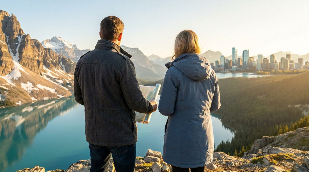 Couple explorant le Canada : lac de montagne, sommets enneigés et skyline urbaine au loin, carte en main. Symbole d'expatriation.