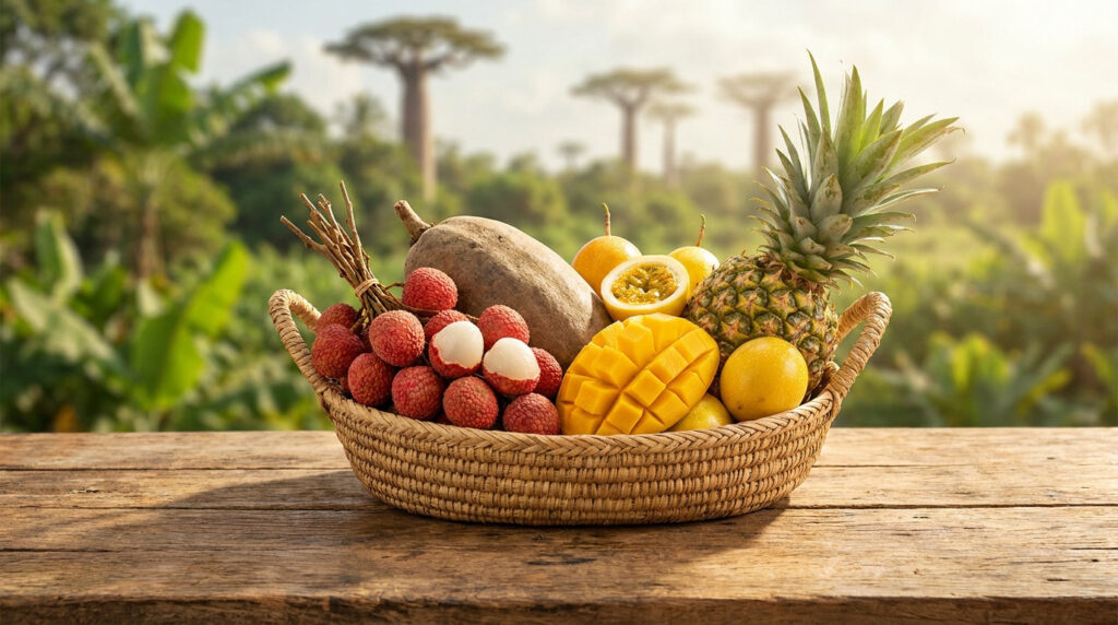 Panier tressé de litchis, mangue, ananas, fruits de la passion et fruit de baobab sur table en bois, baobabs en arrière-plan.