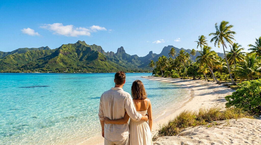 Un couple de dos admire le lagon turquoise, la plage de sable blanc et les montagnes verdoyantes de Tahiti.