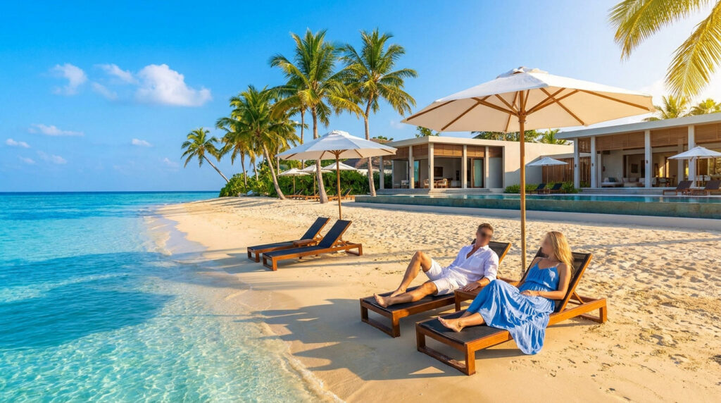 Couple détendu sur une plage de sable fin, sous des parasols, face à l'océan turquoise, avec des villas luxueuses et palmiers.