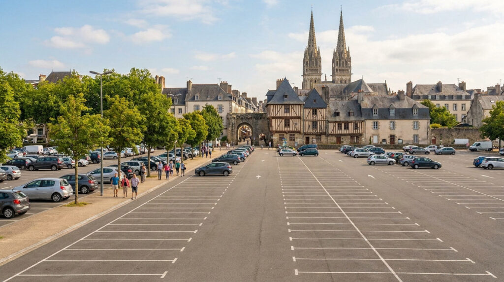Grand parking Tourbie à Quimper, en partie vide, avec des voitures garées, des piétons et la cathédrale Saint-Corentin en arrière-plan.