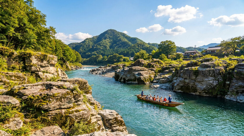 Bateau touristique avec passagers sur la rivière Arakawa aux eaux turquoise, entourée de falaises rocheuses et montagnes verdoyantes sous un ciel bleu à Nagatoro.