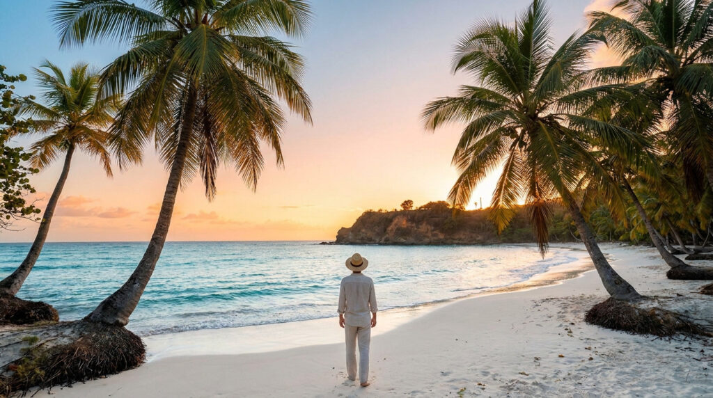 Personne de dos sur une plage de sable blanc, entourée de cocotiers, face à la mer turquoise sous un ciel de coucher de soleil.
