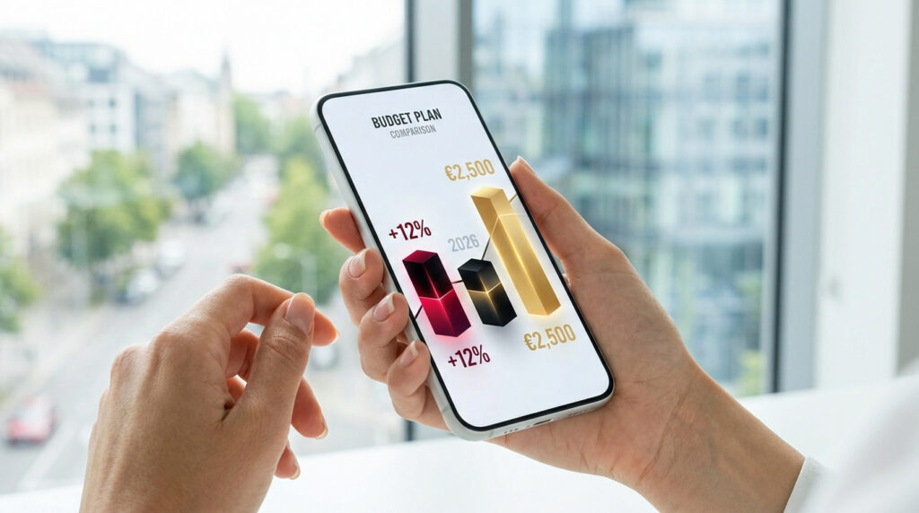 Une personne tient un smartphone affichant un graphique de comparaison de budget pour 2026, avec des barres et des pourcentages.